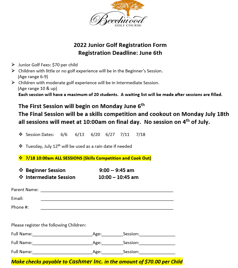 Junior Golf Program Beechwood Golf Course Junior Golf Program Beechwood Golf Course